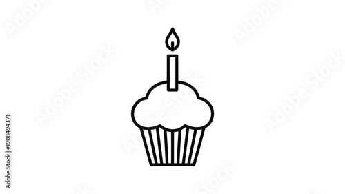 Simple line drawing of a cupcake with a lit candle on top