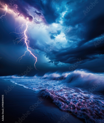 A striking forked lightning bolt slices through dark storm clouds at night. The intense flash casts a brilliant white and purple glow, creating a dramatic and electrifying spectacle.