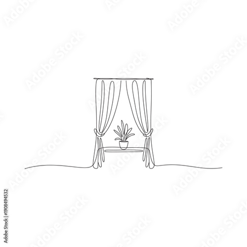 A minimalist line drawing depicts curtains and a potted plant on a windowsill
