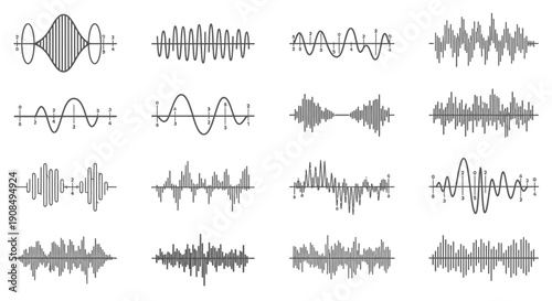 Diverse Collection of Digital Audio Sound Waveform Patterns on Isolated White Background