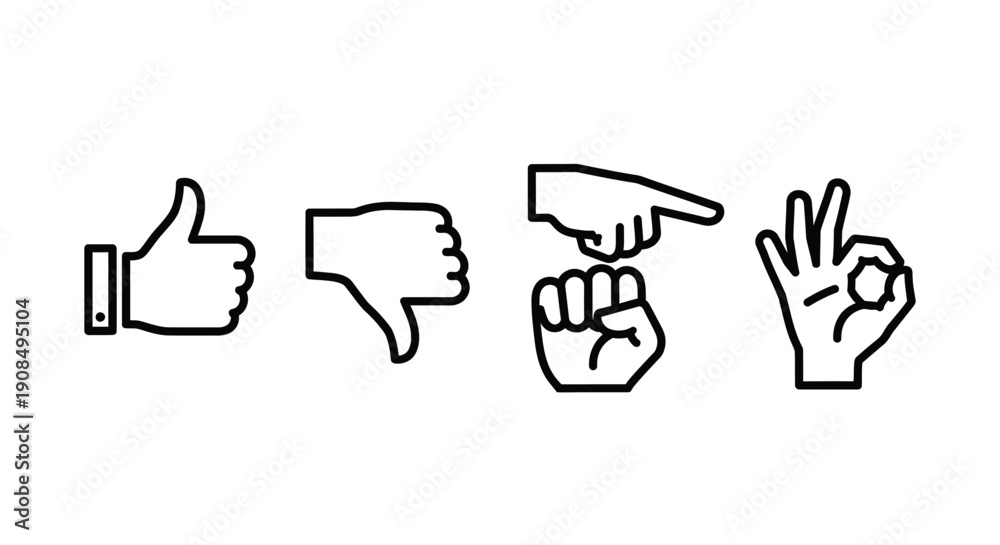 Obraz premium Collection of minimalist line icons depicting common hand gestures such as thumbs up, thumbs down, pointing, and OK sign, on an isolated white background.