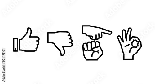 Collection of minimalist line icons depicting common hand gestures such as thumbs up, thumbs down, pointing, and OK sign, on an isolated white background.