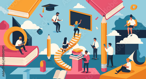 A calm scene of a man reading on an oversized book, perfect for education or learning content.