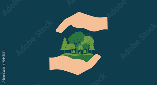 Human hands gently cupping and protecting a cluster of green trees on a dark blue background, symbolizing nature conservation and environmental protection.