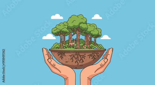 Human hands supporting a floating island with green trees and small clouds under a bright blue sky, illustrating environmental protection and sustainability.