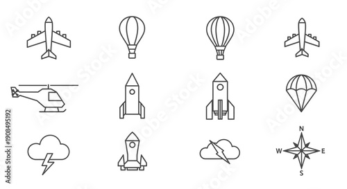 Set of modern aviation and flight outline icons including airplane, hot air balloon, helicopter, and rocket on an isolated white background.
