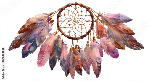 Beautiful handmade dreamcatcher with colorful feathers, bohemian style, intricate craft design, spiritual symbol, artistic decoration, festival accessory, and natural materials