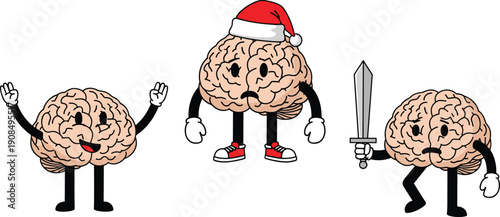Cartoon brains with emotions and accessories, cheerful peace sign, sad Santa hat, aggressive sword stance vector illustration for psychology and creativity