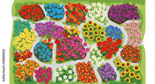 Vibrant flowers arranged in sections on a lush green background