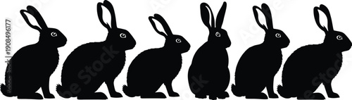 Silhouette of five rabbits isolated on transparent background