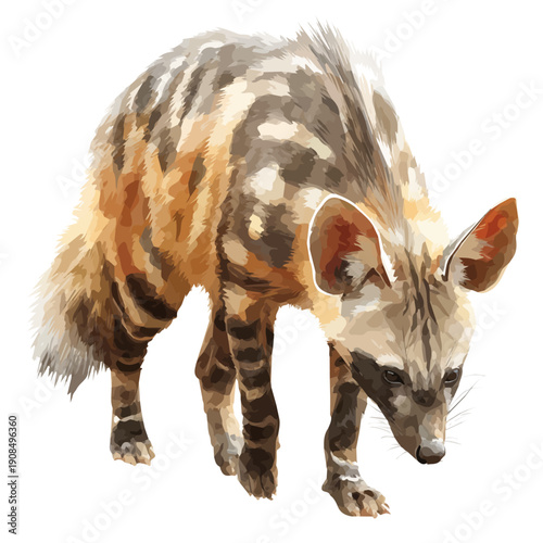 Isometric watercolor rendering of Aardwolf, isolated on a clean white background.