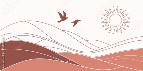 Birds soaring over rolling hills under a bright sun in a serene landscape.