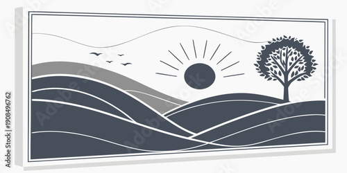 Sunrise over a serene landscape with a solitary tree and rolling hills