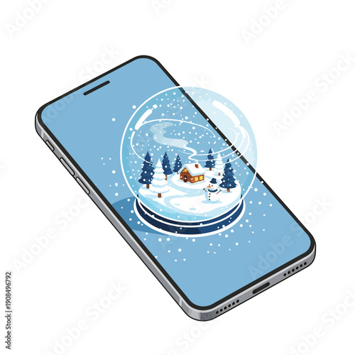 Smartphone displaying snow globe with snowy landscape and snowman
