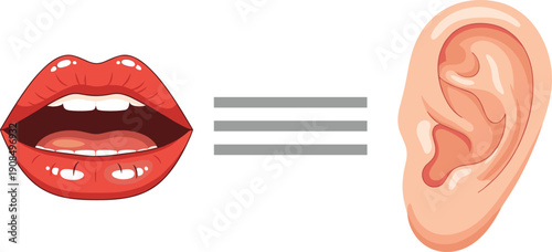 Creative vector illustration showing lips and ear with equal sign lines symbolizing balanced communication, speaking and listening equality, harmony, and understanding