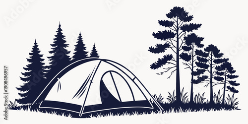 A serene campsite nestled among tall pine trees with a tent set up.
