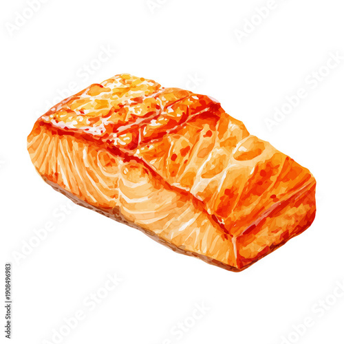 Isometric watercolor rendering of Baked Salmon, isolated on a clean white background.
