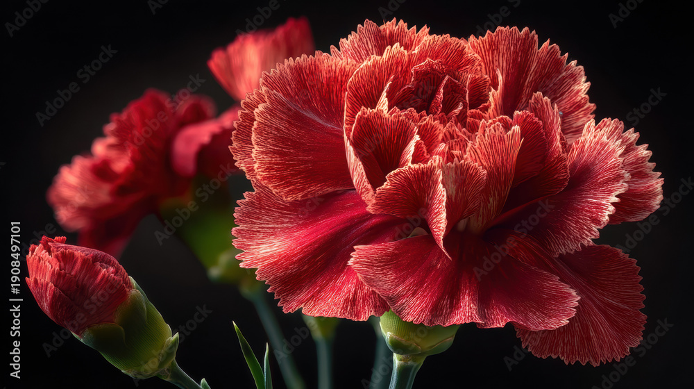 Obraz premium Elegant vibrant red flower with detailed petals and lush green background, showcasing natural beauty, delicate bloom, and intricate floral design in outdoor scenery