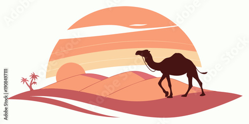 A solitary camel walking across a vast desert landscape under a setting sun