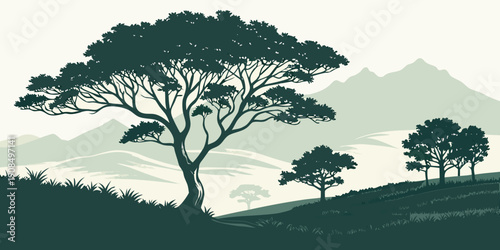 A serene landscape with three trees standing tall on a hill overlooking a misty valley.