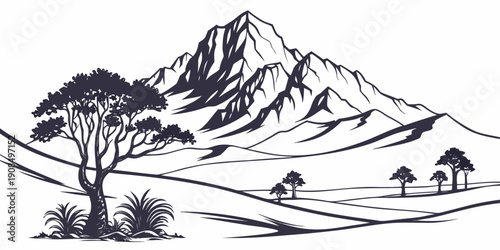 A serene landscape of mountains, trees, and animals in a peaceful valley setting