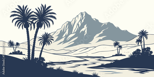 A serene tropical landscape with palm trees and a majestic mountain in the background
