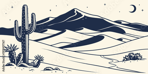 A serene desert landscape under a starry night sky with a prominent cactus.