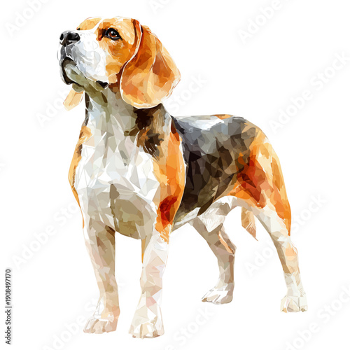 Isometric watercolor rendering of Beagle, isolated on a clean white background.