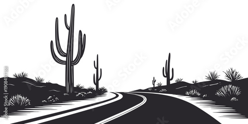 A winding road through a desert landscape with tall cacti and shrubs