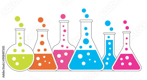 Laboratory flasks set, chemistry beakers and flasks filled with vibrant liquids and bubbles, scientific experiments, research, education vector illustration