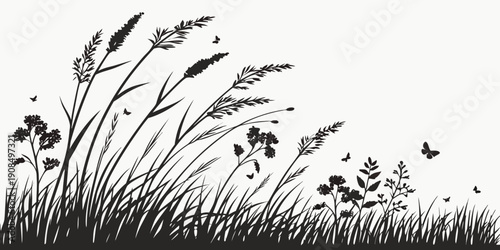 Silhouette of birds flying over a field of tall grass and wildflowers