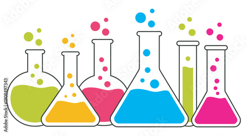 Laboratory flasks set, collection of beakers filled with colorful liquids and bubbles, chemistry experiments, scientific research, education, vector illustration