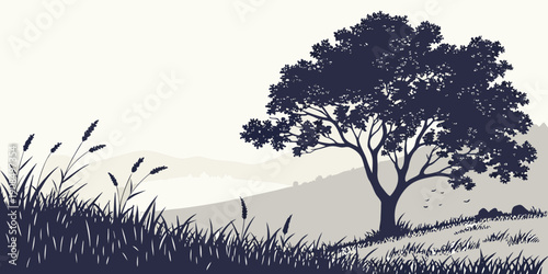 A serene landscape featuring a solitary tree standing tall amidst a field of tall grass.
