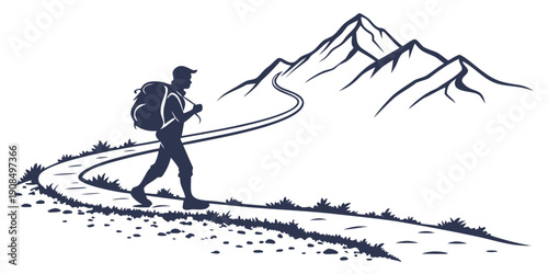 A lone hiker ascends a winding mountain trail with a backpack.