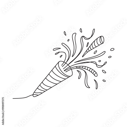 A simple doodle illustration of a party popper with confetti bursting out