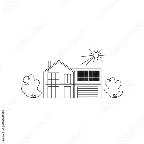 A simple line drawing depicts a house with solar panels and surrounding greenery