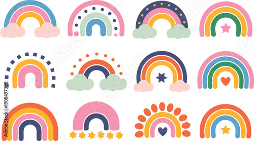 Cute rainbow collection with clouds, stars and hearts, colorful flat illustrations for kids design, nursery decor, stickers, prints and cheerful branding
