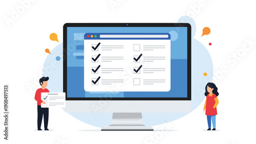 Small people standing next to a large computer monitor with a checklist on the screen representing digital surveys and user feedback.