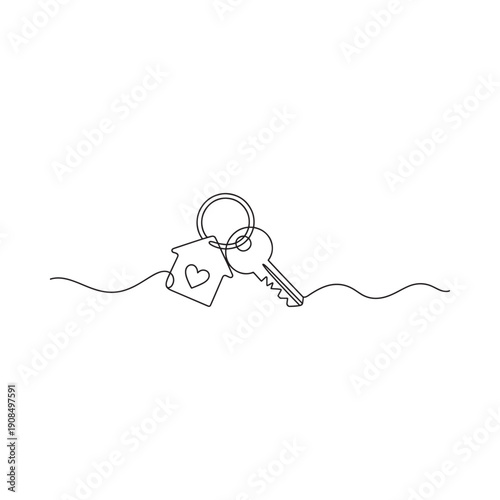 A minimalist line drawing of keys a heart and a house charm on a keyring