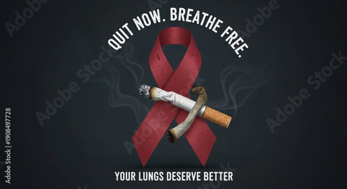 No smoking campaign with red ribbon and cigarette warning