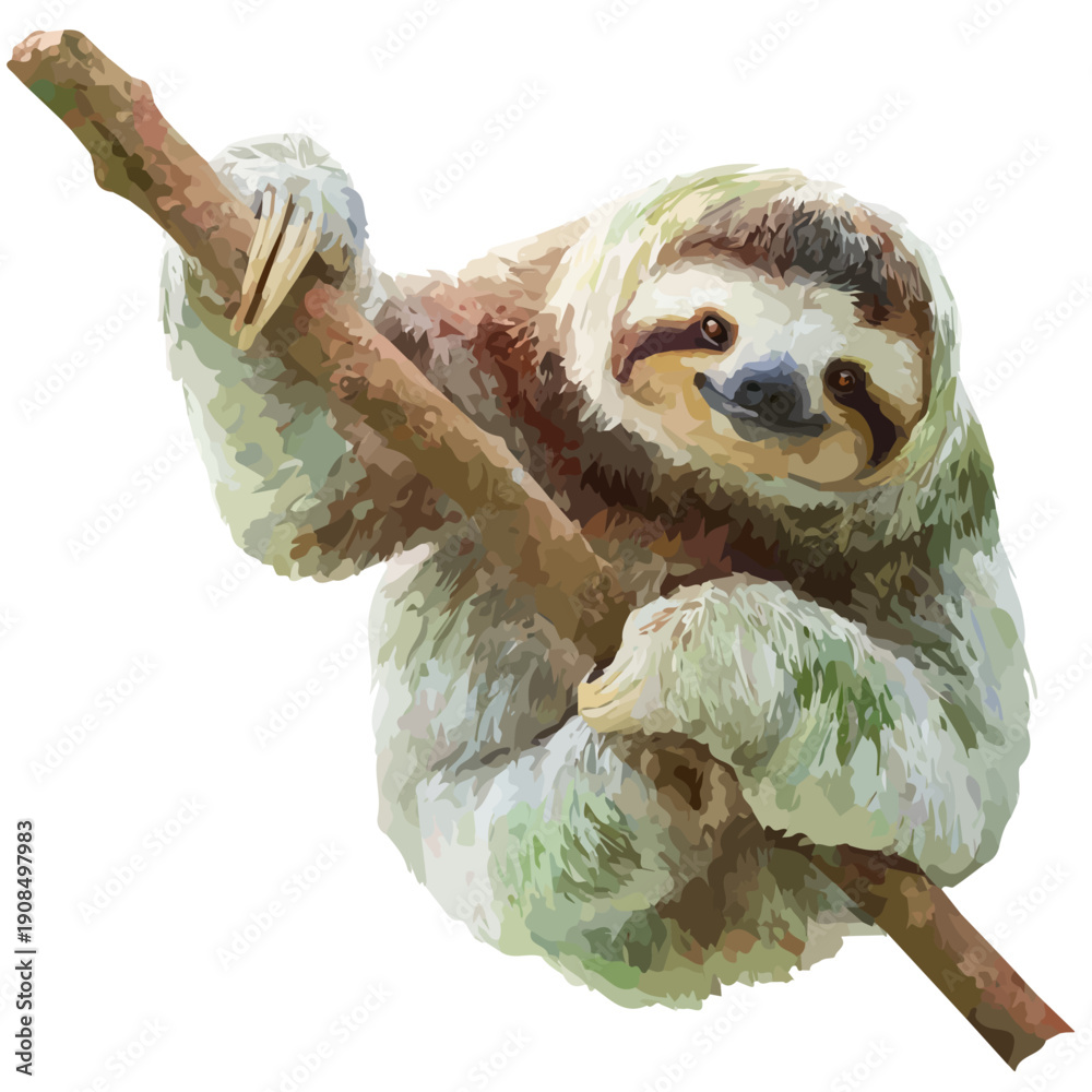 Fototapeta premium Isometric-style watercolor depiction of Sloth, set against a white background.