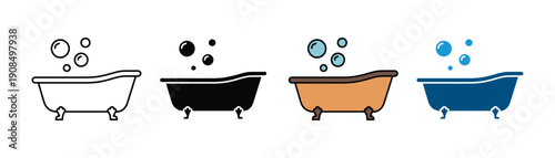 Luxury bathtub and home spa relaxation icon vector. Clawfoot tub with soap bubbles and bathroom hygiene symbol set. Vector illustration