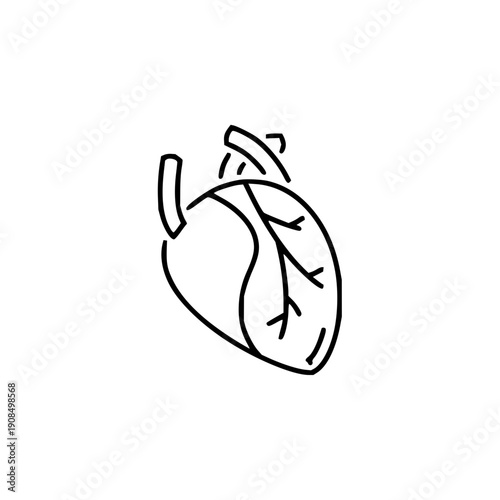 A simple black and white line drawing of a human heart, showcasing its anatomical structure with clear vascular detail, presented as a minimalistic graphic icon
