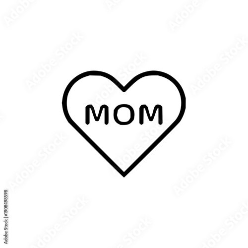 Simple line art illustration of a heart shape with the word MOM inside, symbolizing love and motherhood for Mother's Day celebrations