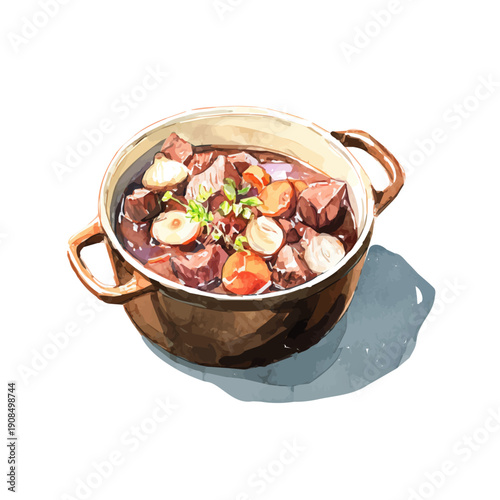 Beef Stew illustrated in isometric watercolor style, isolated on white.