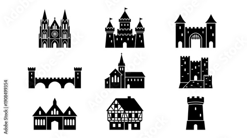Collection of black silhouette icons representing various medieval architectural structures including gothic cathedrals stone bridges defensive towers and traditional european houses