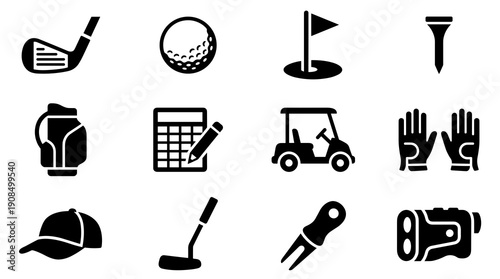 A collection of twelve black minimalist golf icons representing various equipment and accessories used in the sport for professional or recreational play