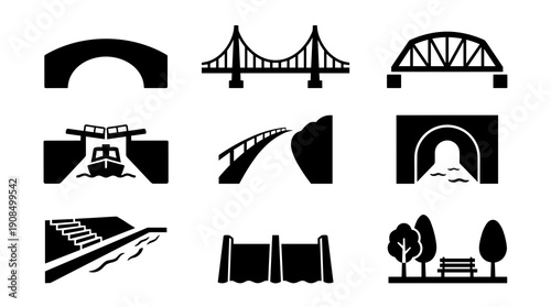 Collection of black and white vector icons representing various civil engineering structures including bridges tunnels dams and public park spaces