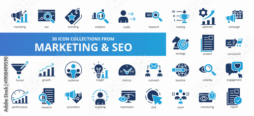 Set of 30 collection of marketing and seo icons suitable for web and mobile application. Set of glyph blue style icons with marketing, seo, branding, analytics, traffic, and more icons.