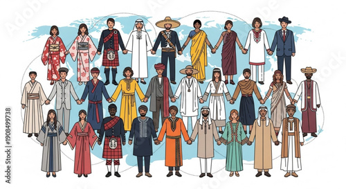 Diverse group of people in traditional clothing standing united in a circle